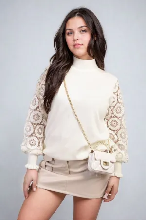 Alexis High Neck Knit Crochet Sleeve Jumper