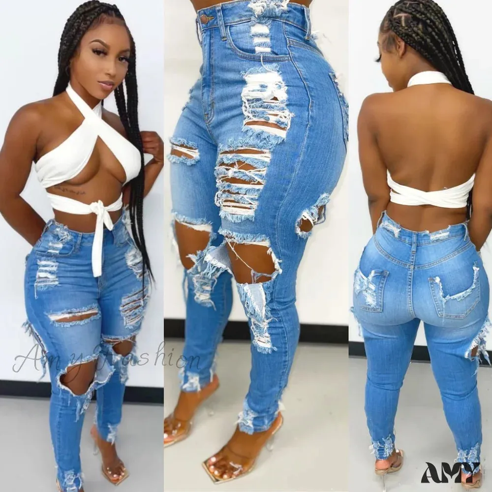 Amy Fashion - Hole Ripped High Waist Push Up Pants