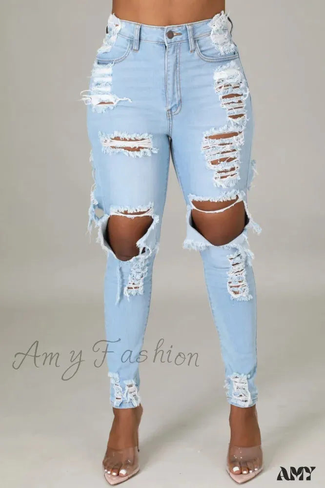 Amy Fashion - Hole Ripped High Waist Push Up Pants