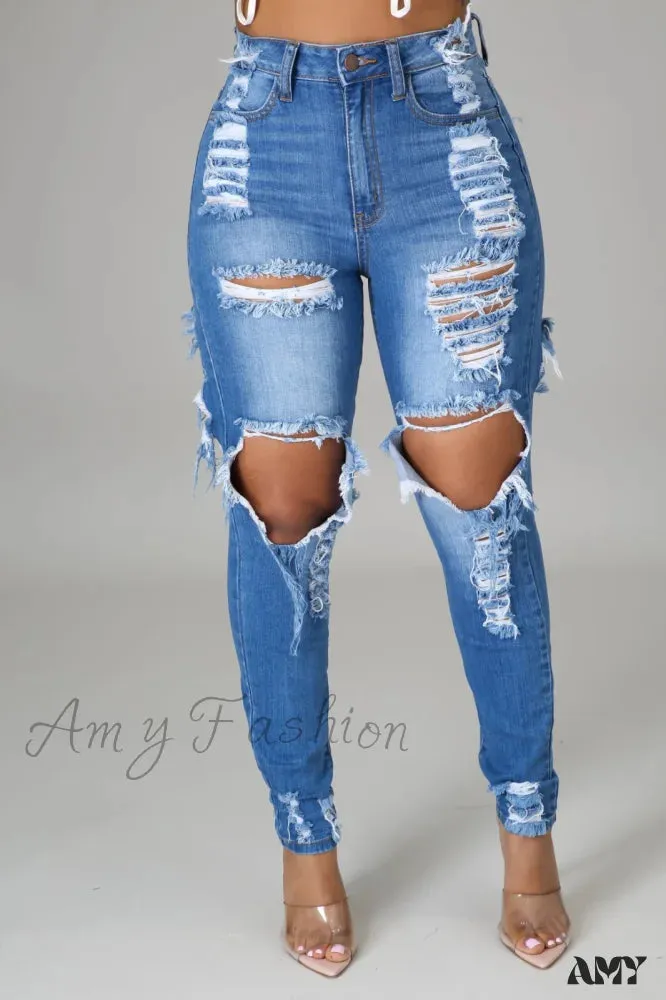 Amy Fashion - Hole Ripped High Waist Push Up Pants