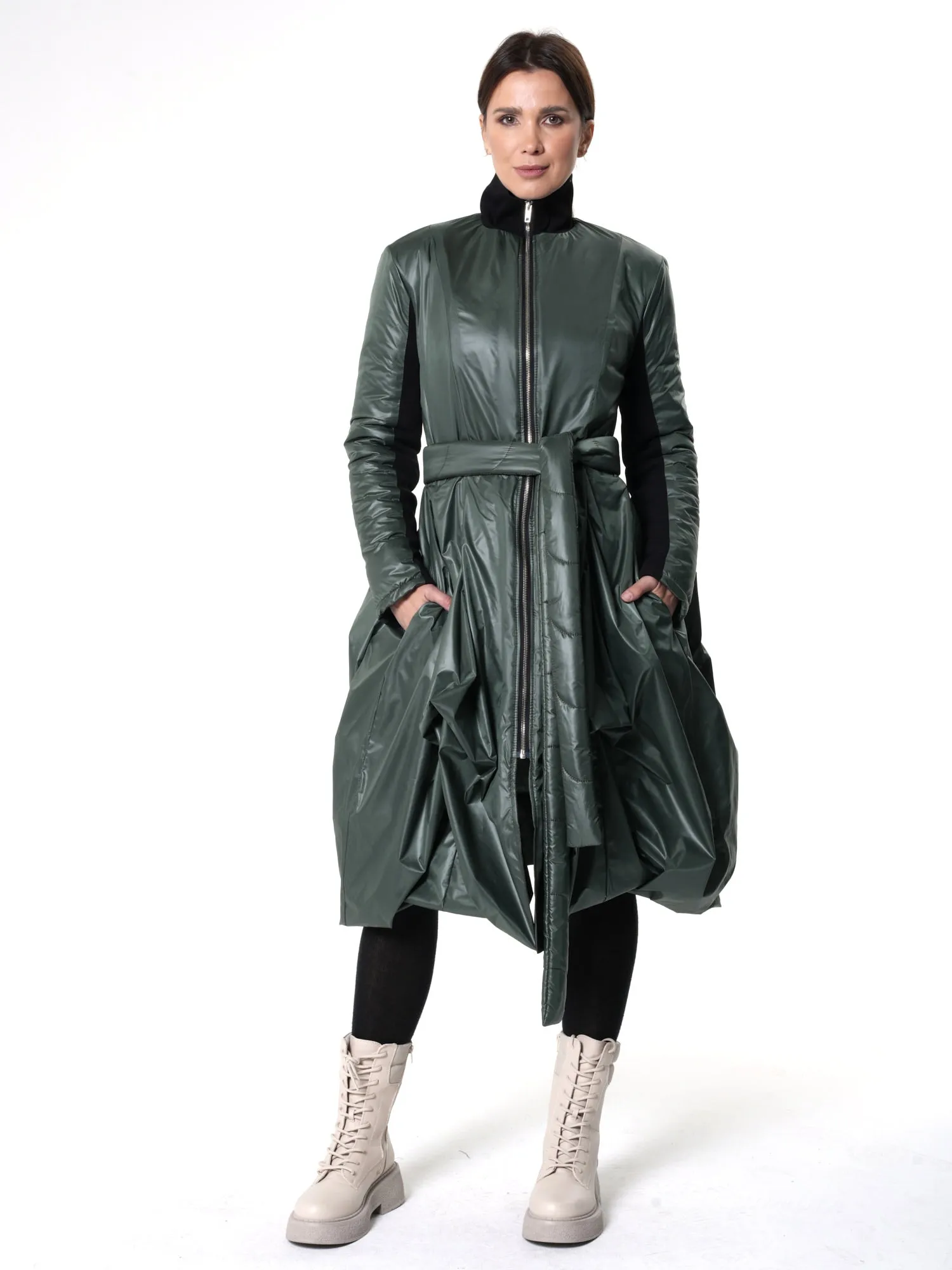 Belted Jacket With Drapings In Green