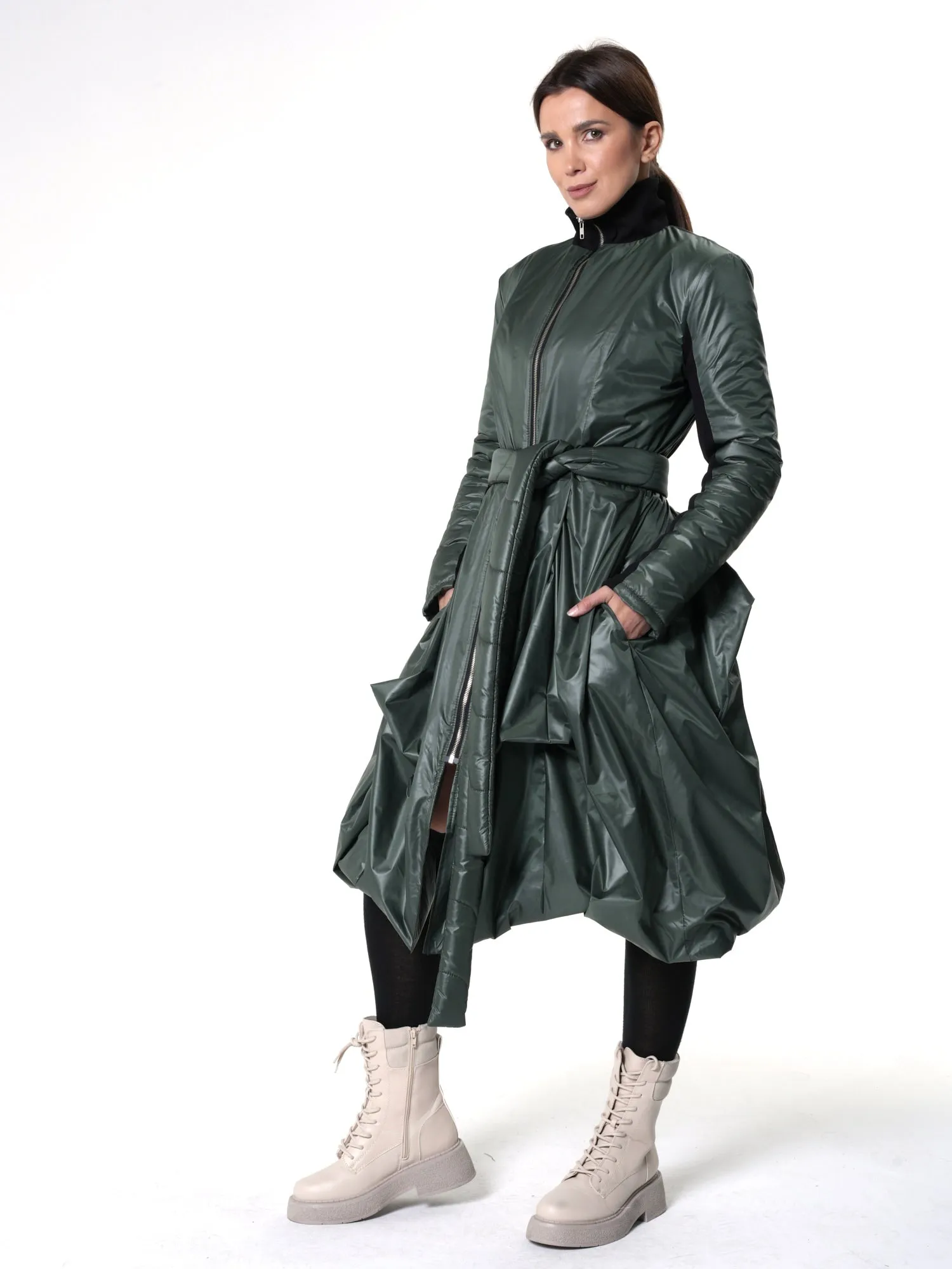 Belted Jacket With Drapings In Green