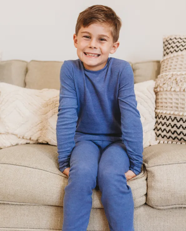 Boys Soft & Cozy Thermal 2-Piece Long Johns | Olive w- Baby Blue Stitch