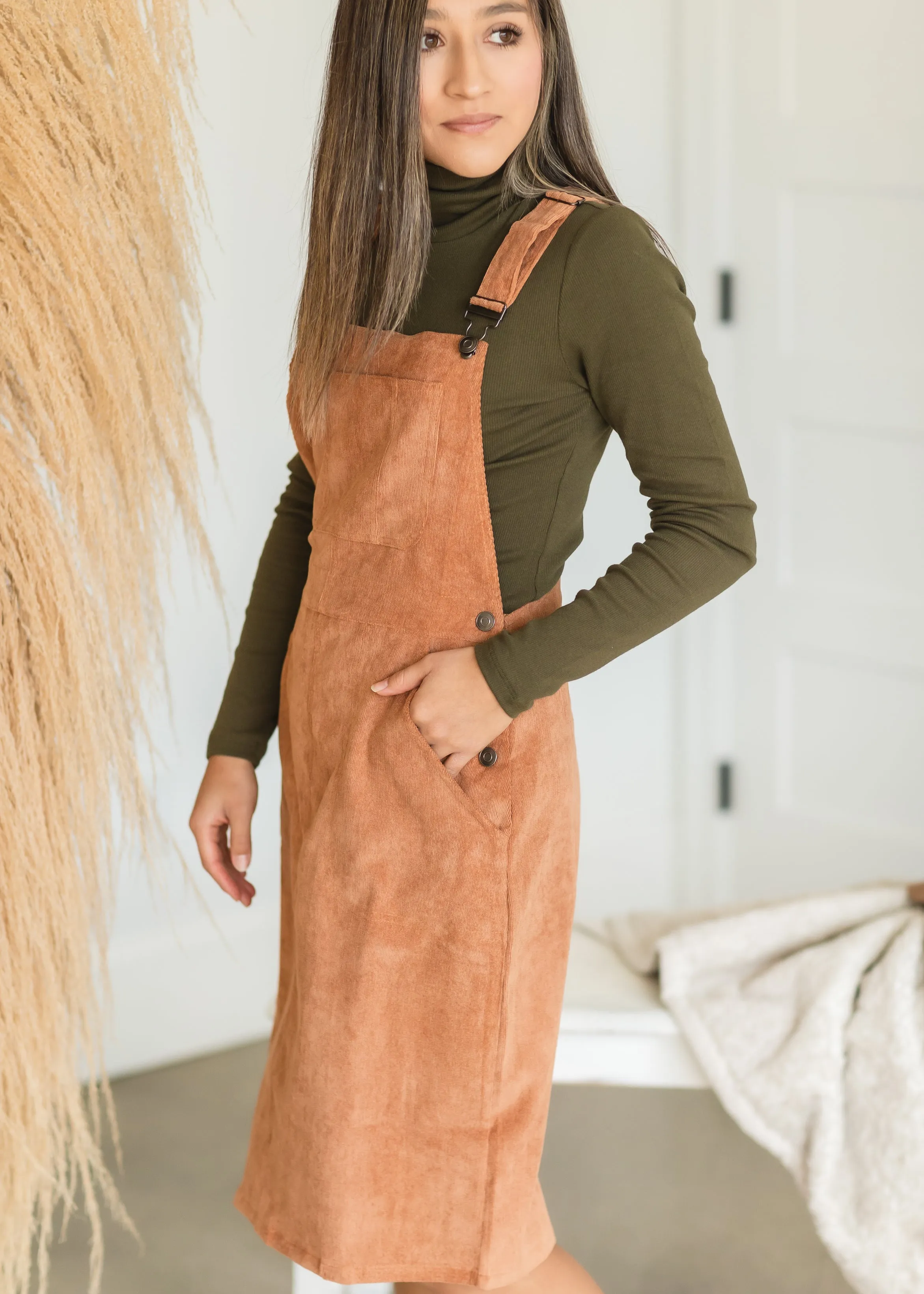 Camel Corduroy Overall Dress