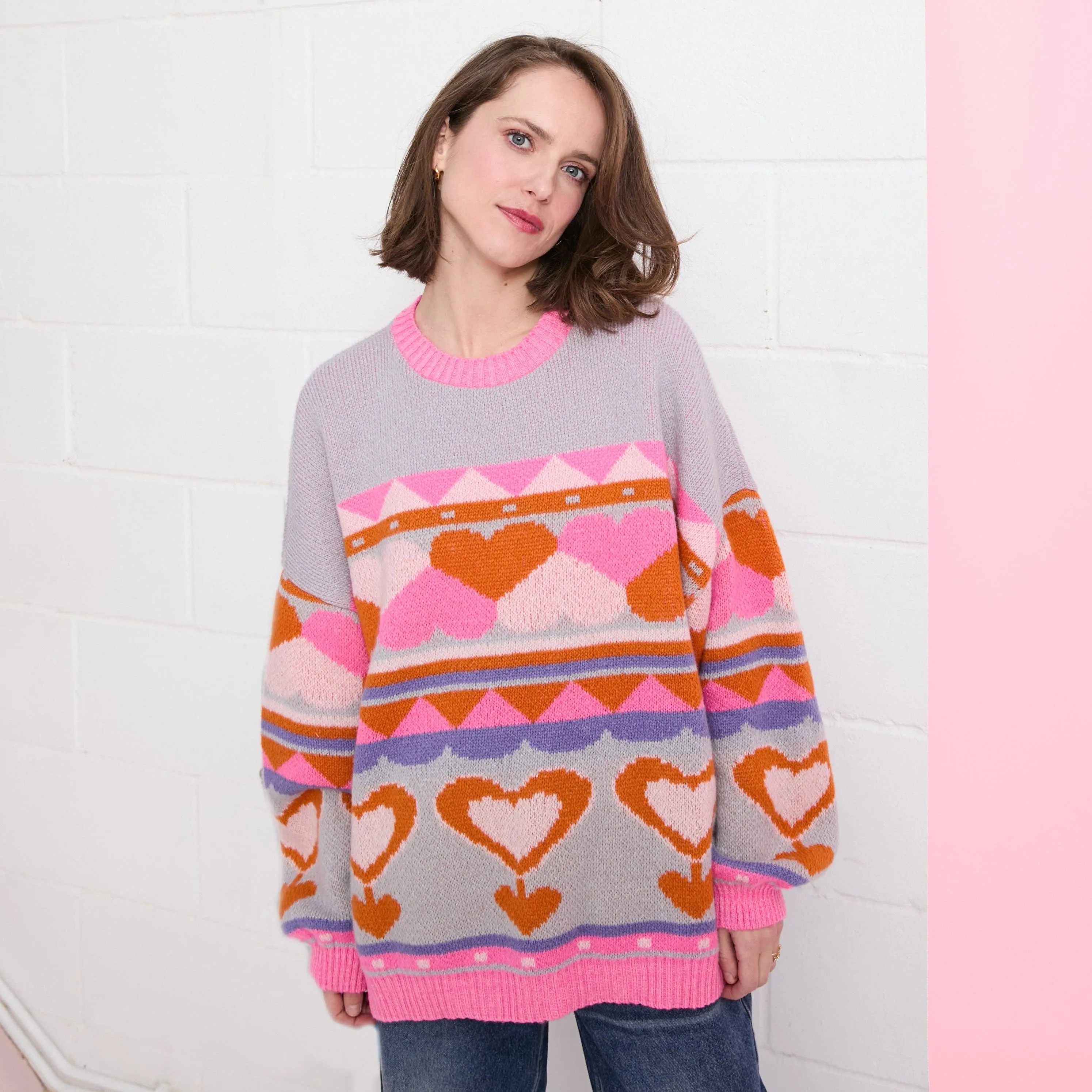 Cara & The Sky - Poppy Heart Intarsia Balloon Sleeve Oversized Jumper - Blue