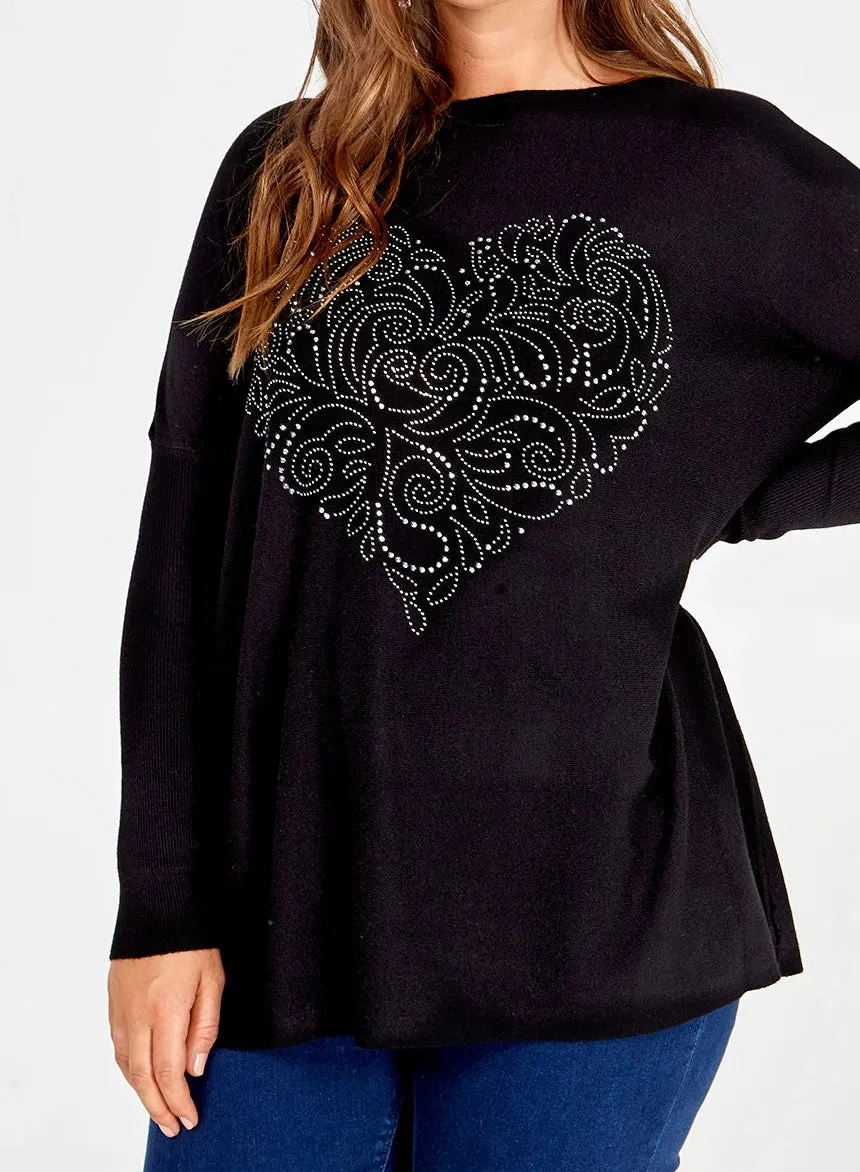 Curve Collection Black Diamante Print Jumper