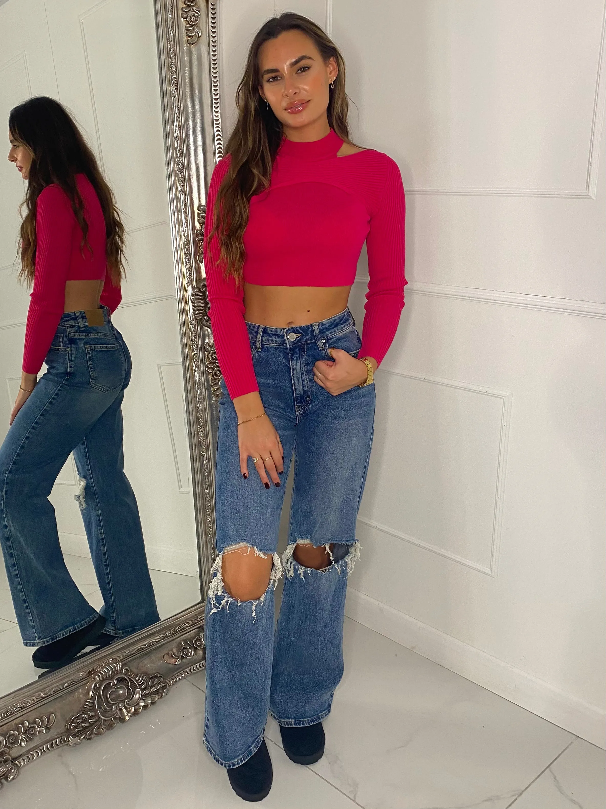 Cut Out Cropped Jumper - Cerise Pink