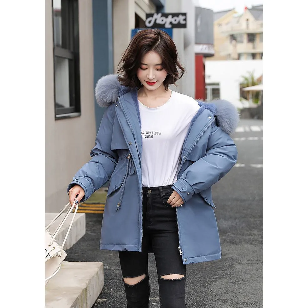 Drawstring Thigh-Length Fur Collar Parka