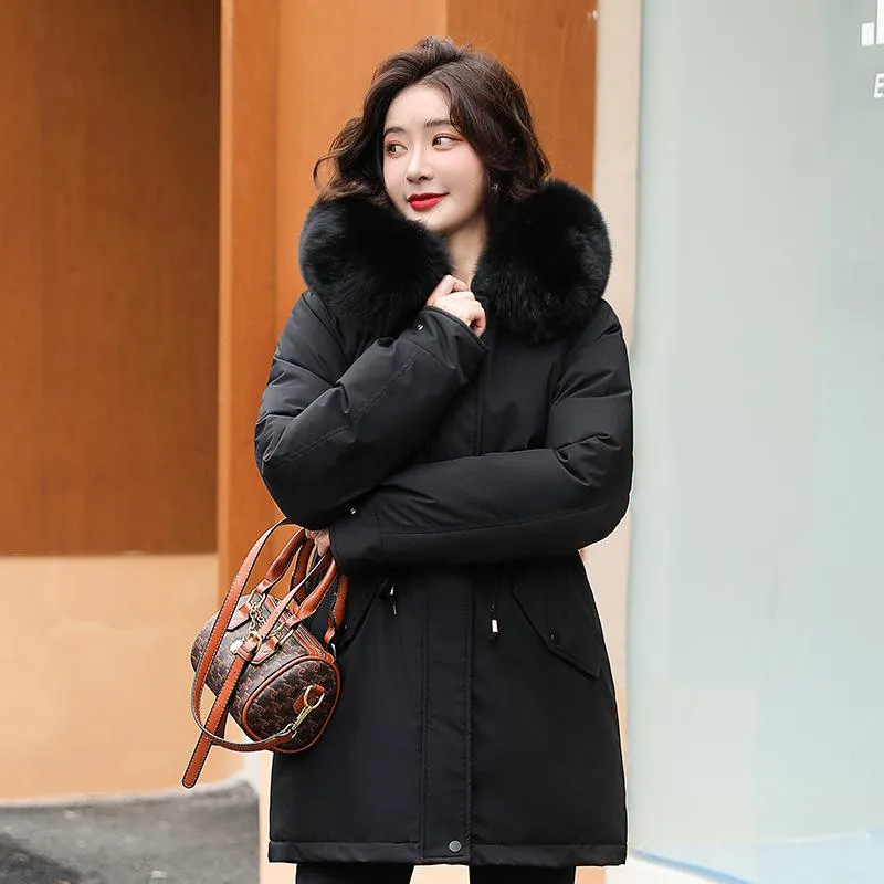 Drawstring Thigh-Length Fur Collar Parka