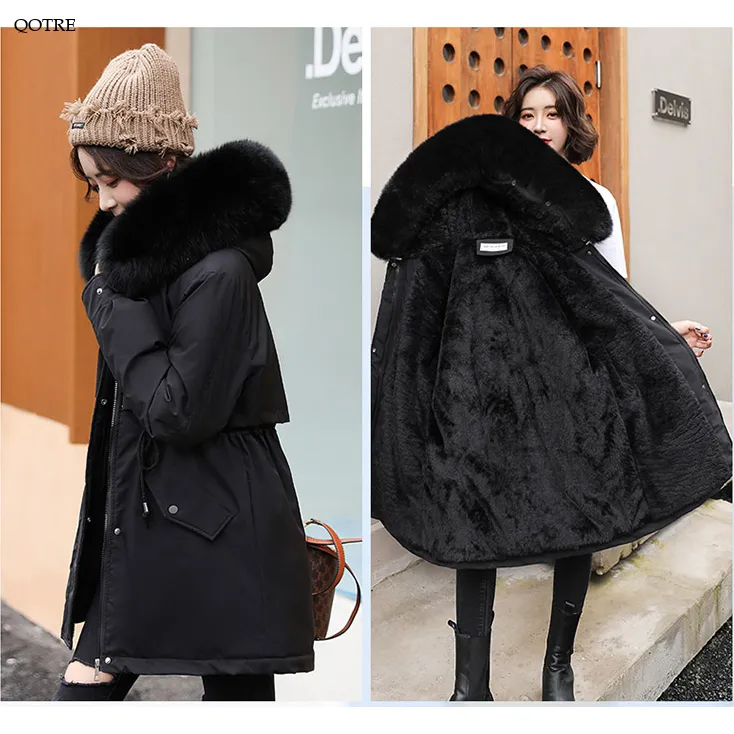 Drawstring Thigh-Length Fur Collar Parka