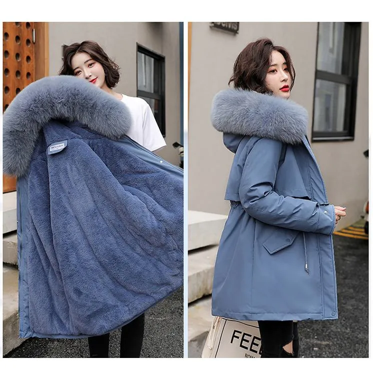 Drawstring Thigh-Length Fur Collar Parka