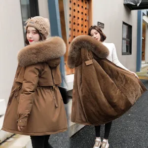 Drawstring Thigh-Length Fur Collar Parka