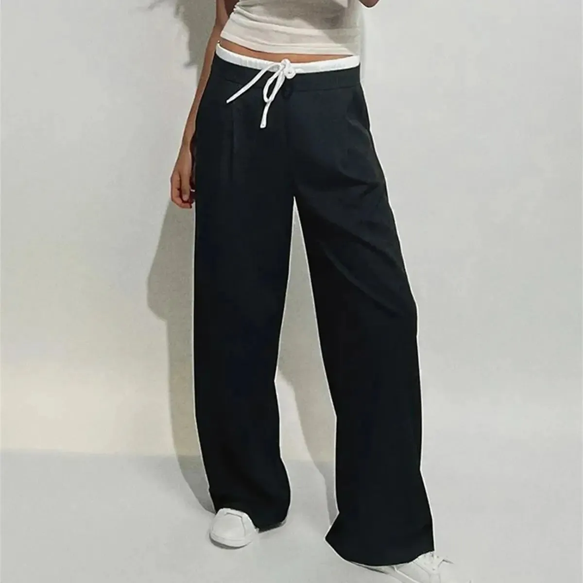 Fashion Straight Autumn Winter Elegant Designer Wide Leg High Waist Britches Pants