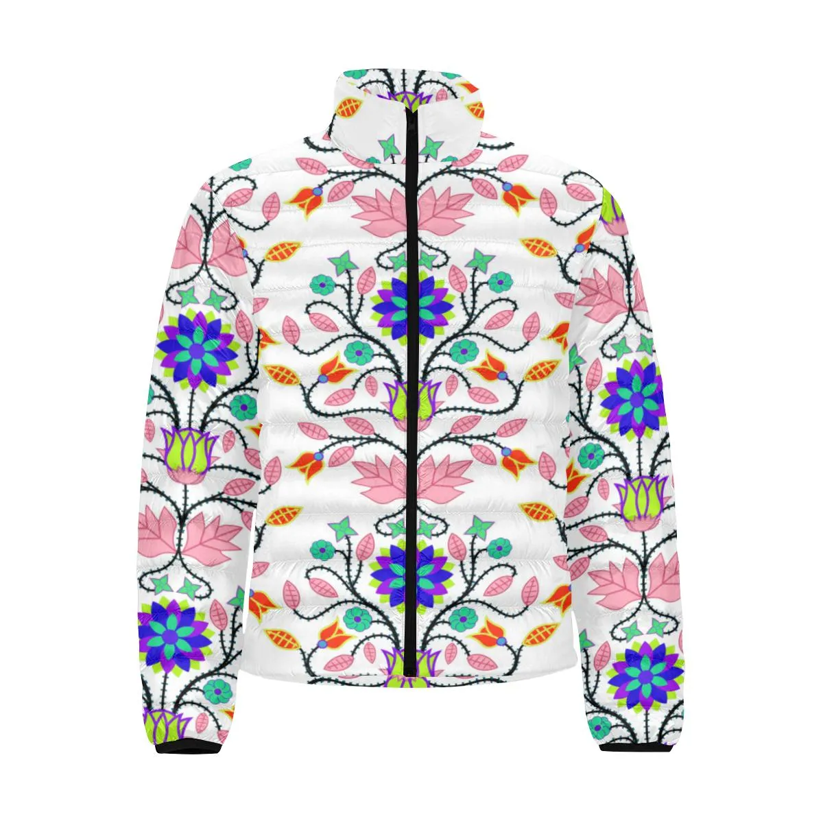 Floral Beadwork Four Clans White Men's Stand Collar Padded Jacket