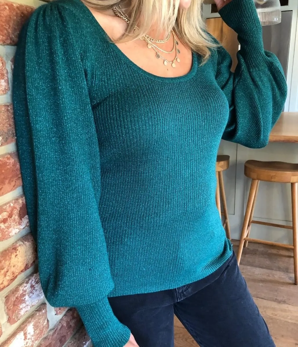 Green Sparkle Metallic Scoop Neck Jumper