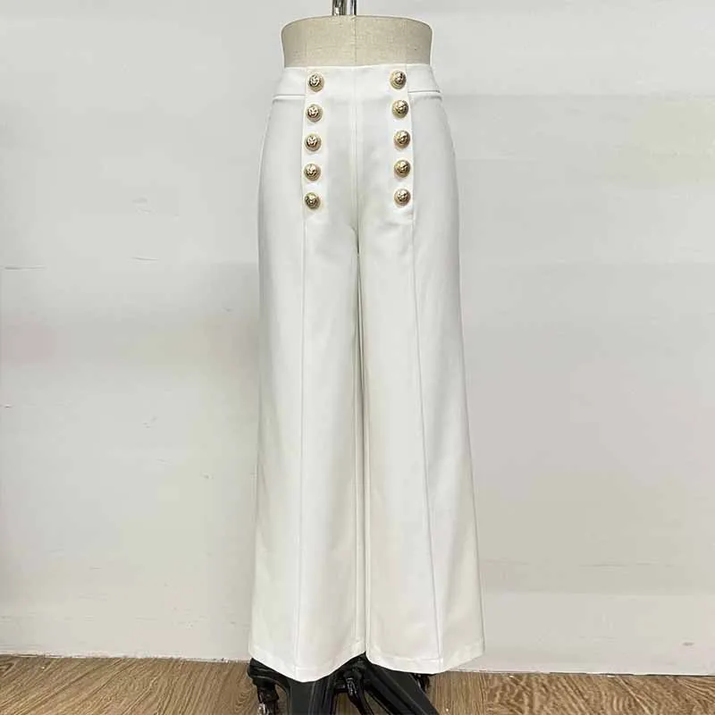 High Waist Wide Leg Pants With Gold Button Trousers