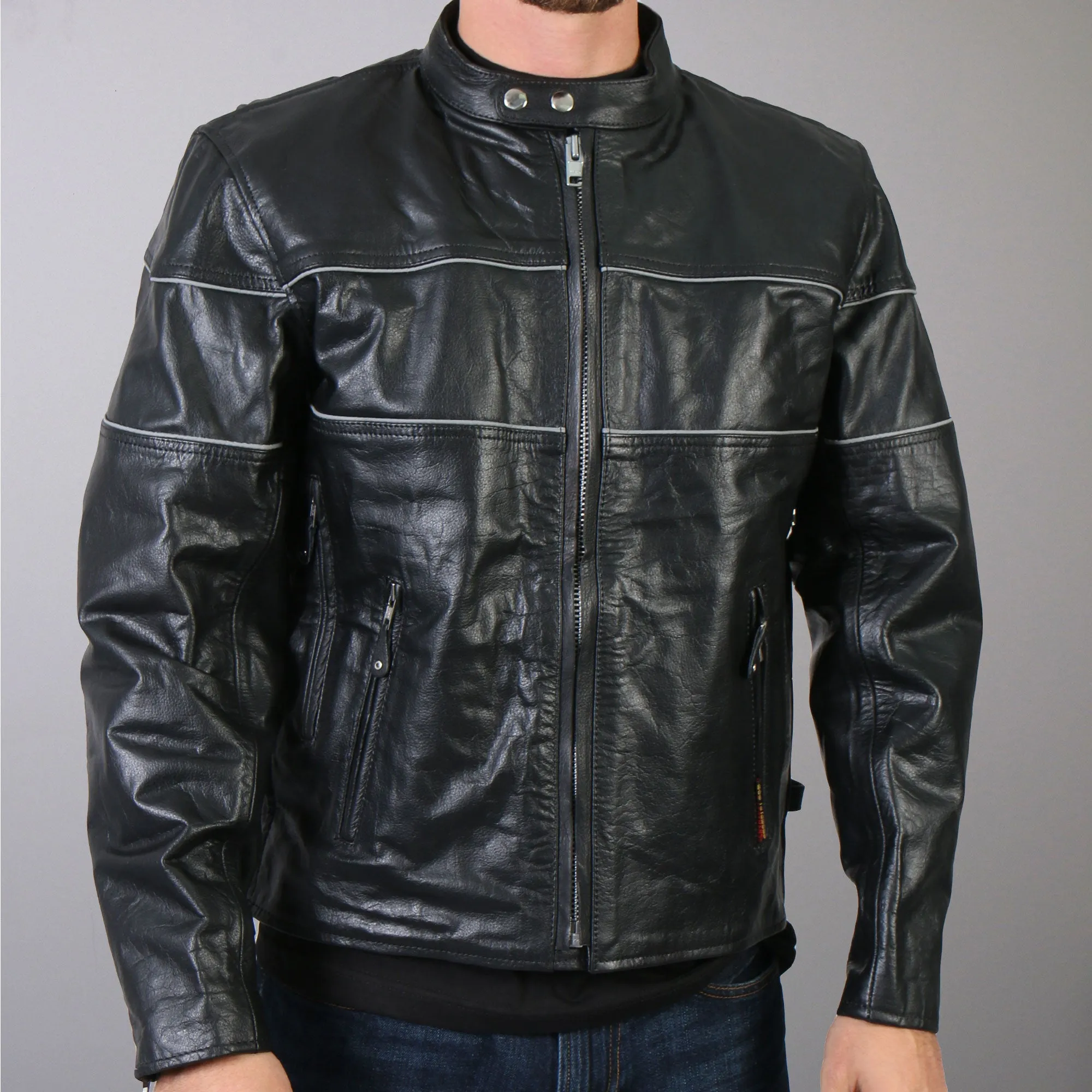 Hot Leathers JKM1004 Men's Leather Vented Scooter Jacket with Reflective Piping