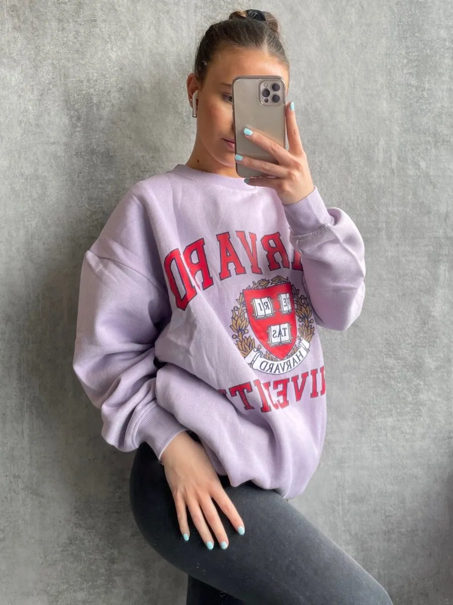 Jane HARVARD Graphic Sweatshirt Jumper In Lilac