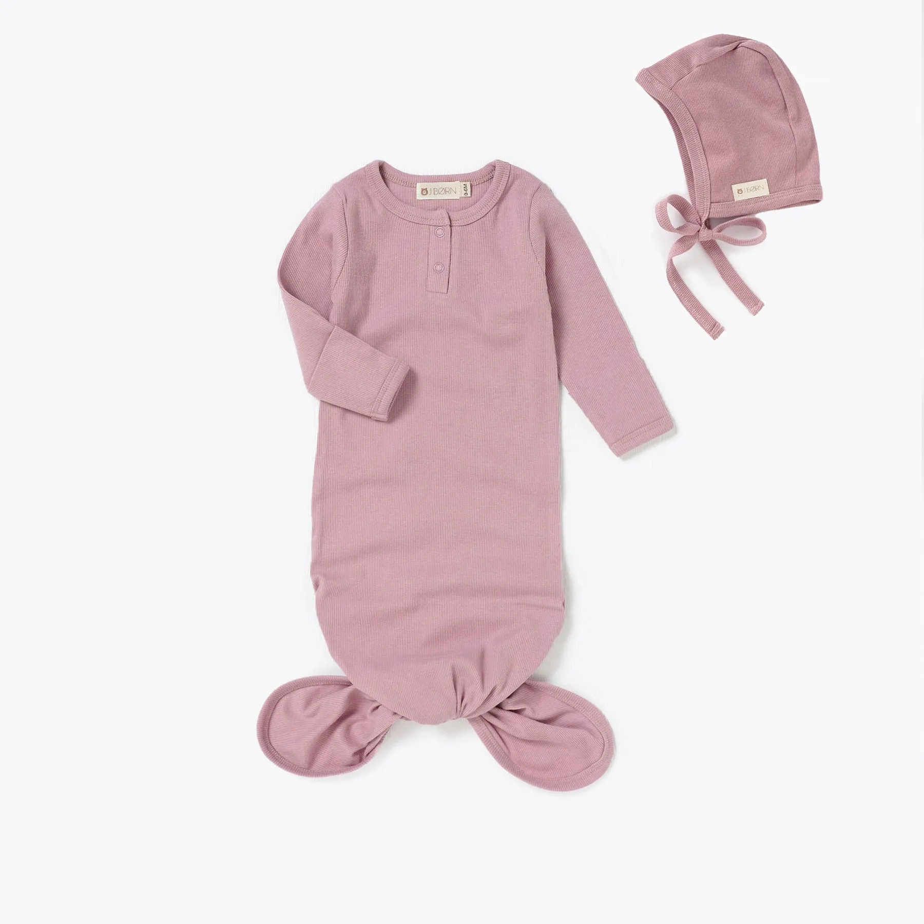 JBØRN Organic Cotton Knotted Baby Gown & Bonnet