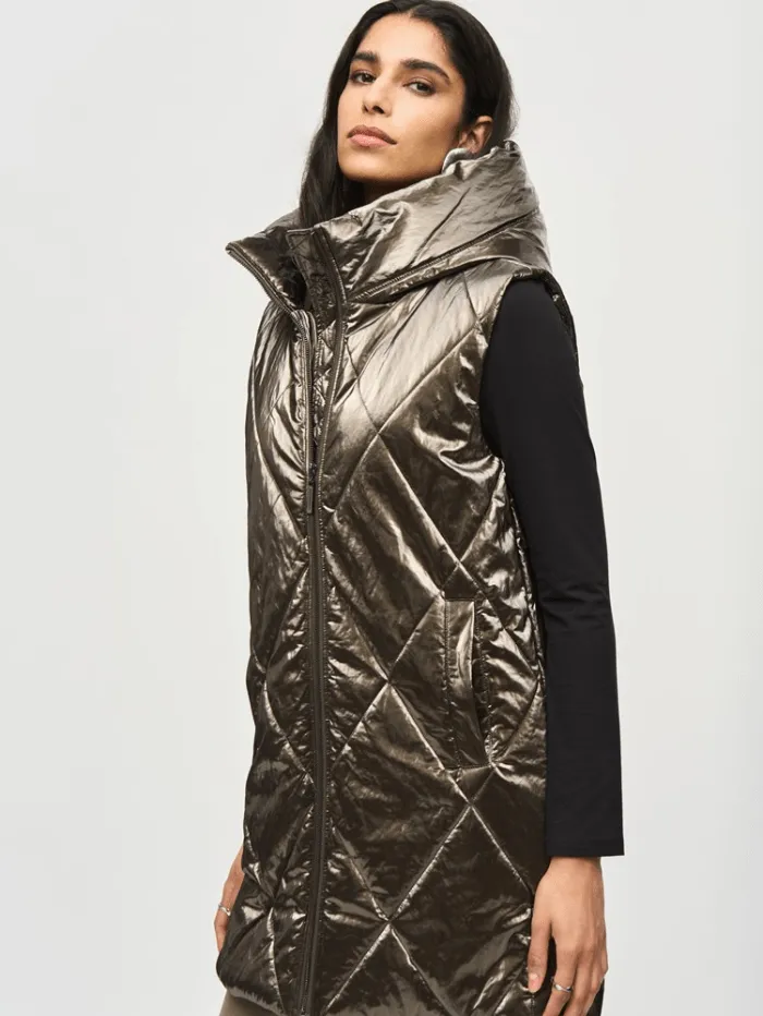 Joseph Ribkoff Quilted Hooded Puffer Gilet In Metallic Taupe 243940 Col 8012