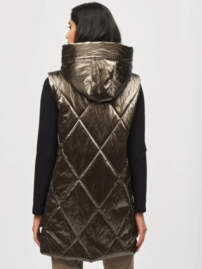 Joseph Ribkoff Quilted Hooded Puffer Gilet In Metallic Taupe 243940 Col 8012