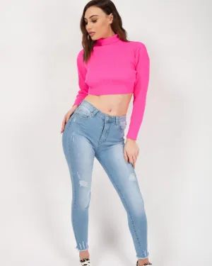 Karla Long Sleeved Crop Jumper In Neon Pink