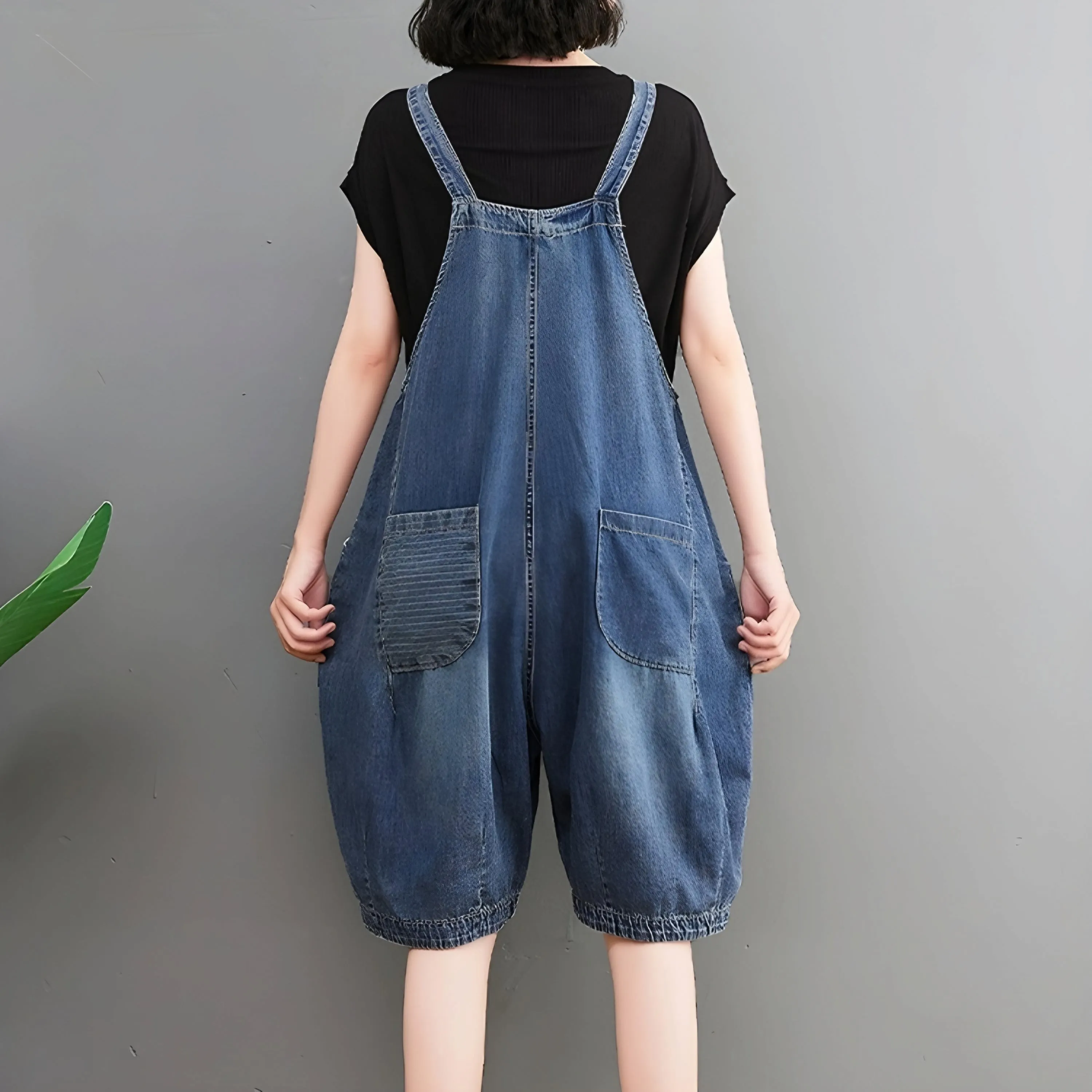 Knee-Length Denim Overall Jumpsuit