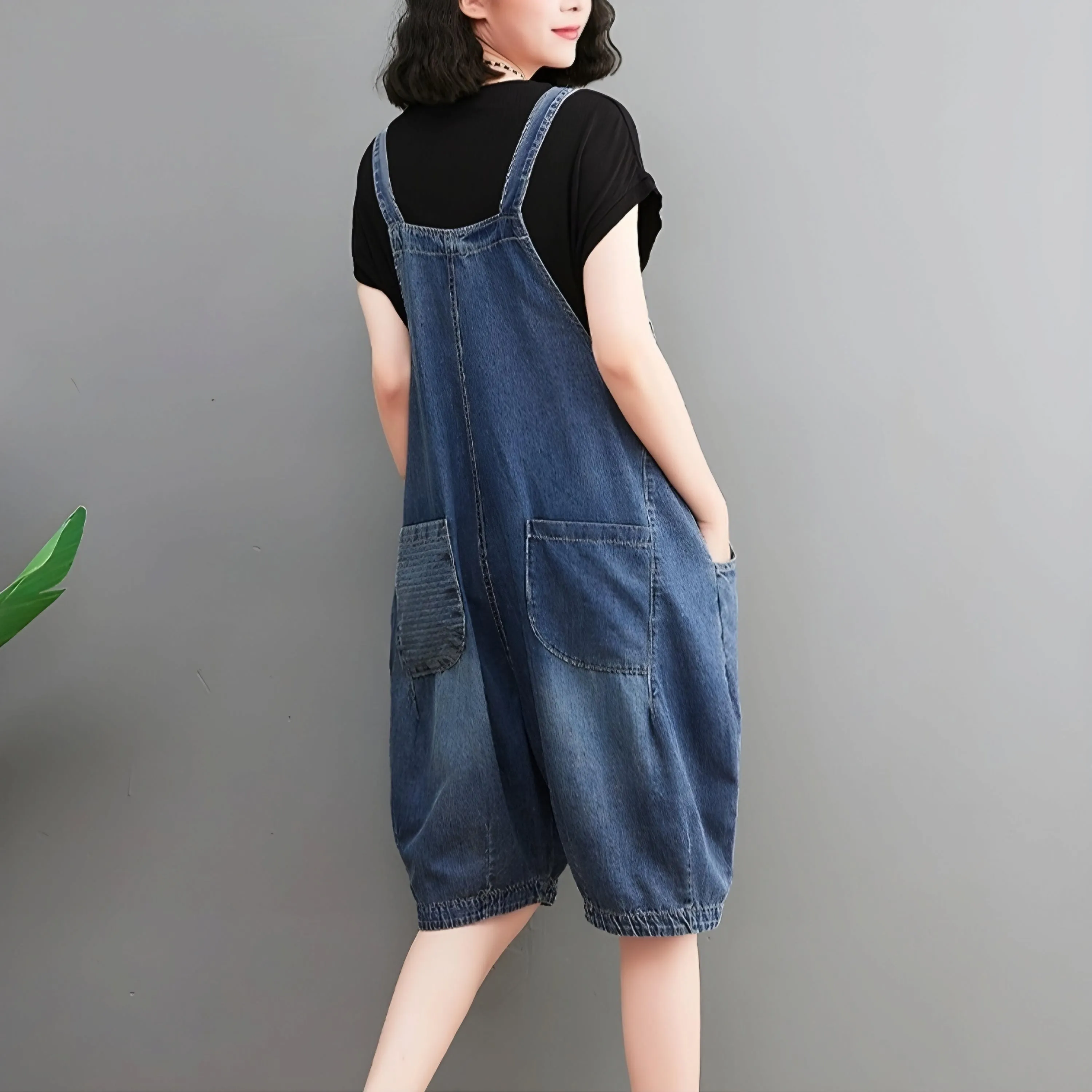 Knee-Length Denim Overall Jumpsuit