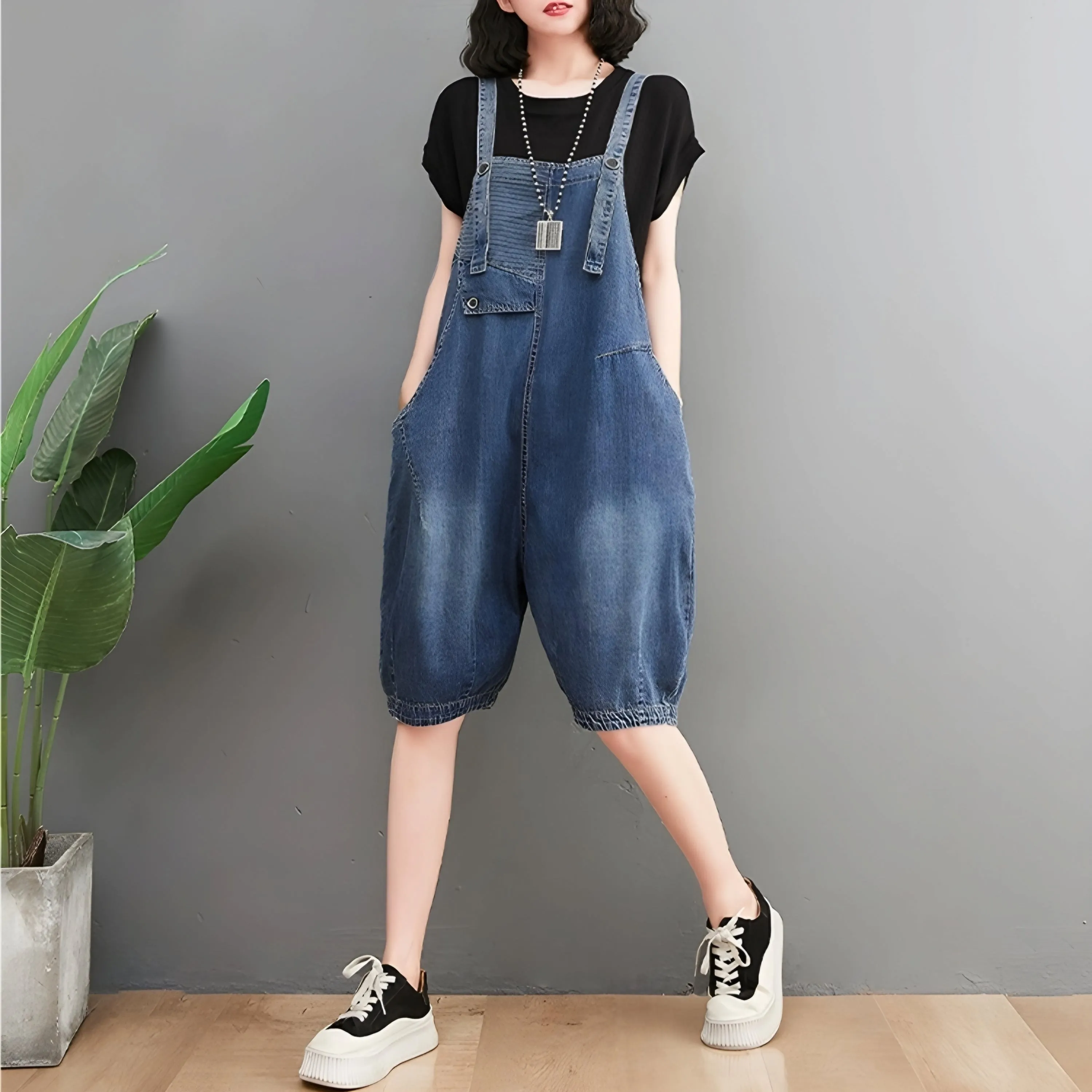 Knee-Length Denim Overall Jumpsuit