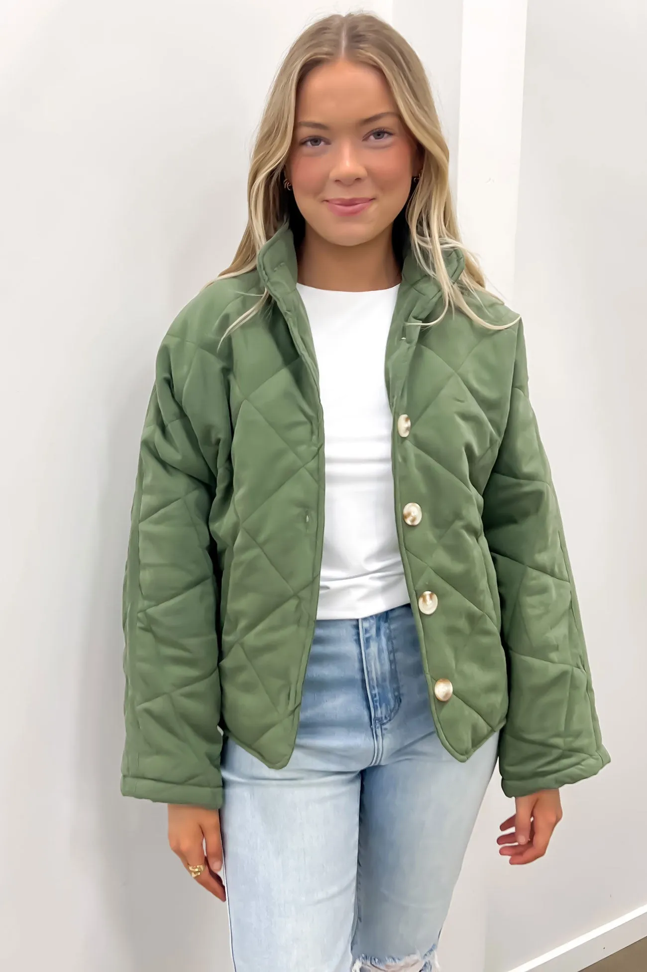 Makayla Quilted Bomber Jacket Khaki