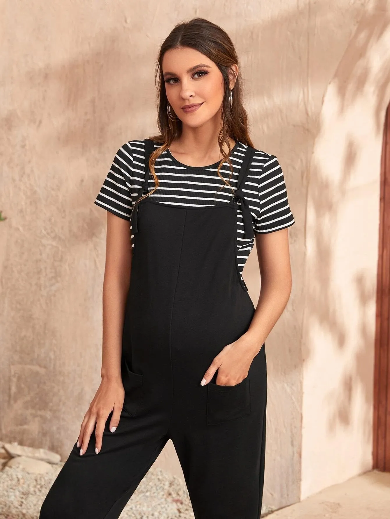 Maternity Striped Pattern Tee & Overall Jumpsuit Set