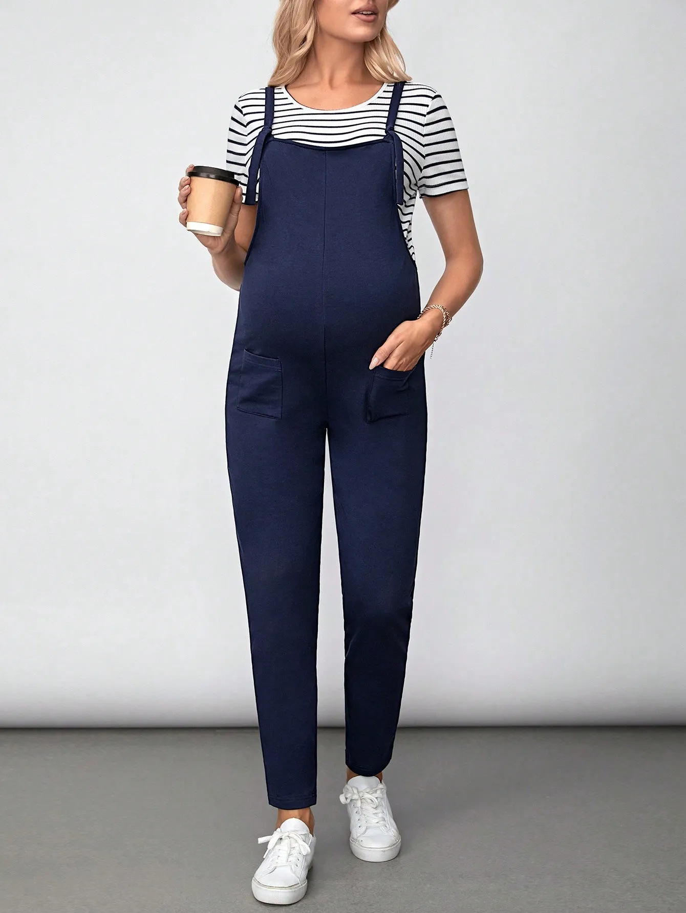 Maternity Striped Pattern Tee & Overall Jumpsuit Set