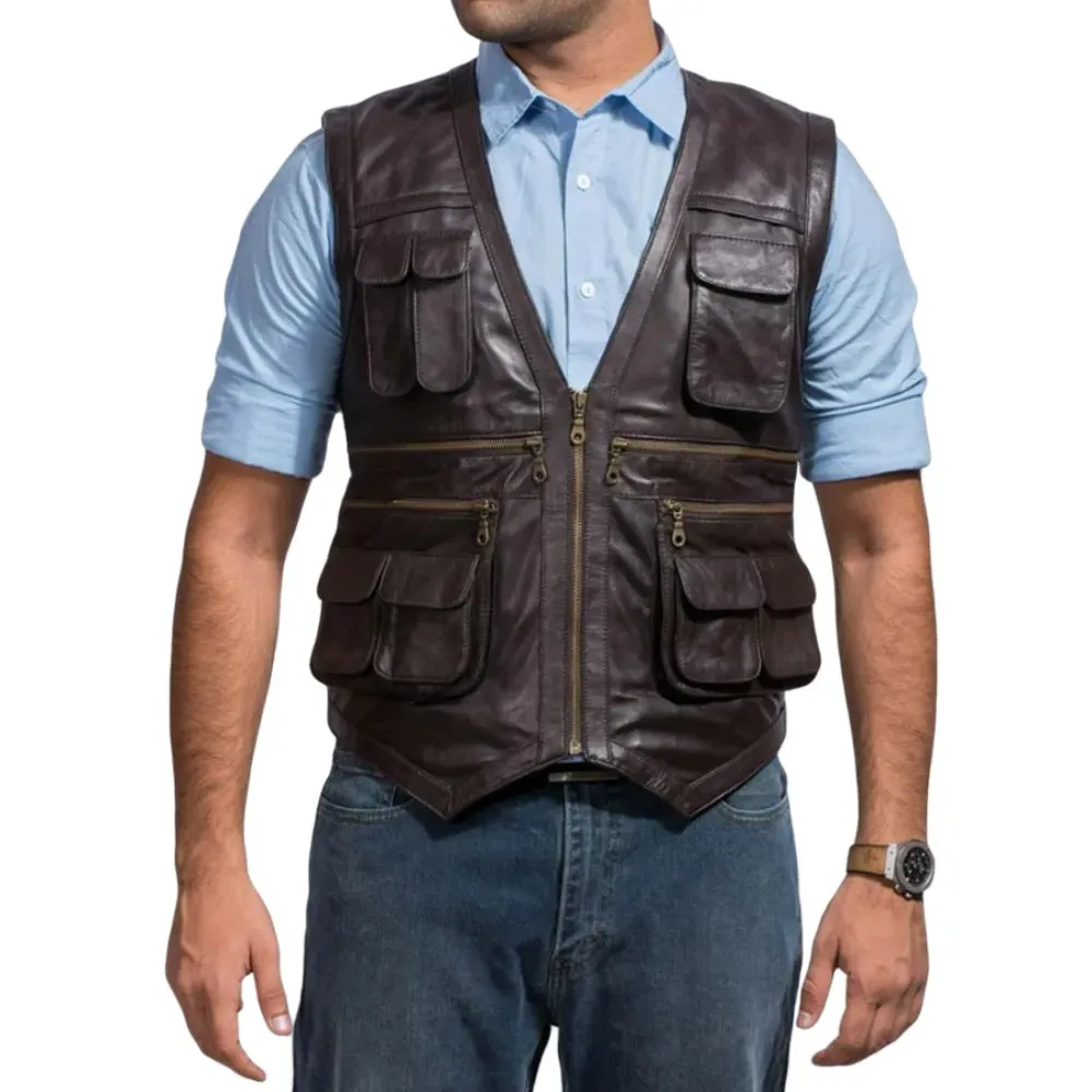 Mens Brown Leather Safari Jungle Vest