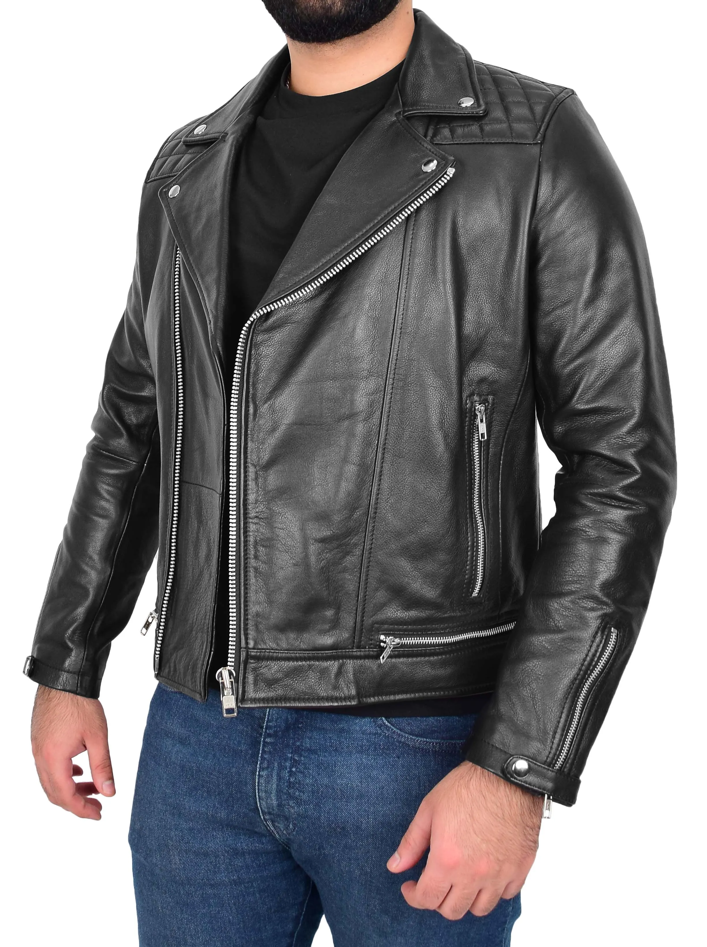 Mens Real Cowhide Leather Biker Jacket Cruz Black