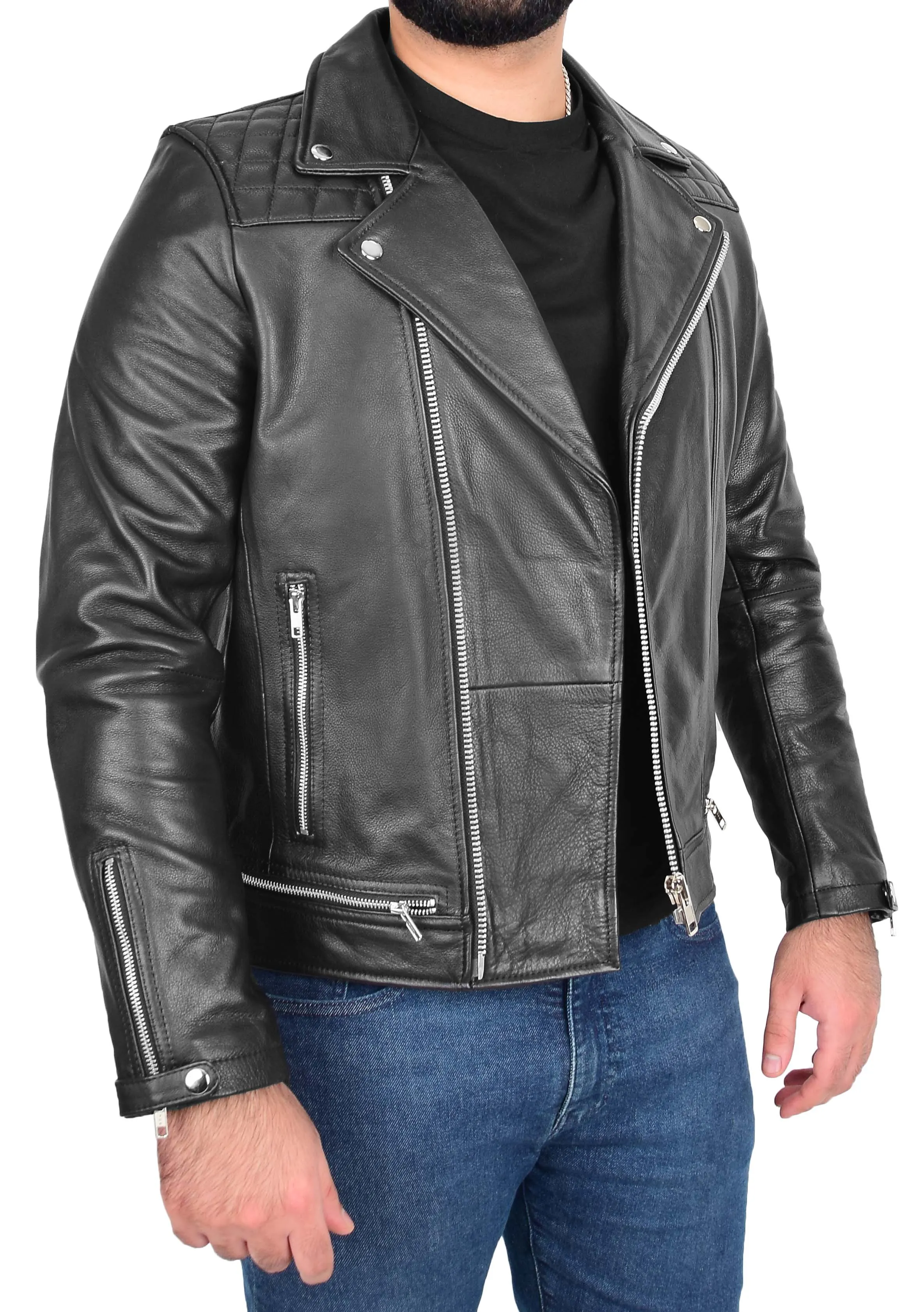 Mens Real Cowhide Leather Biker Jacket Cruz Black