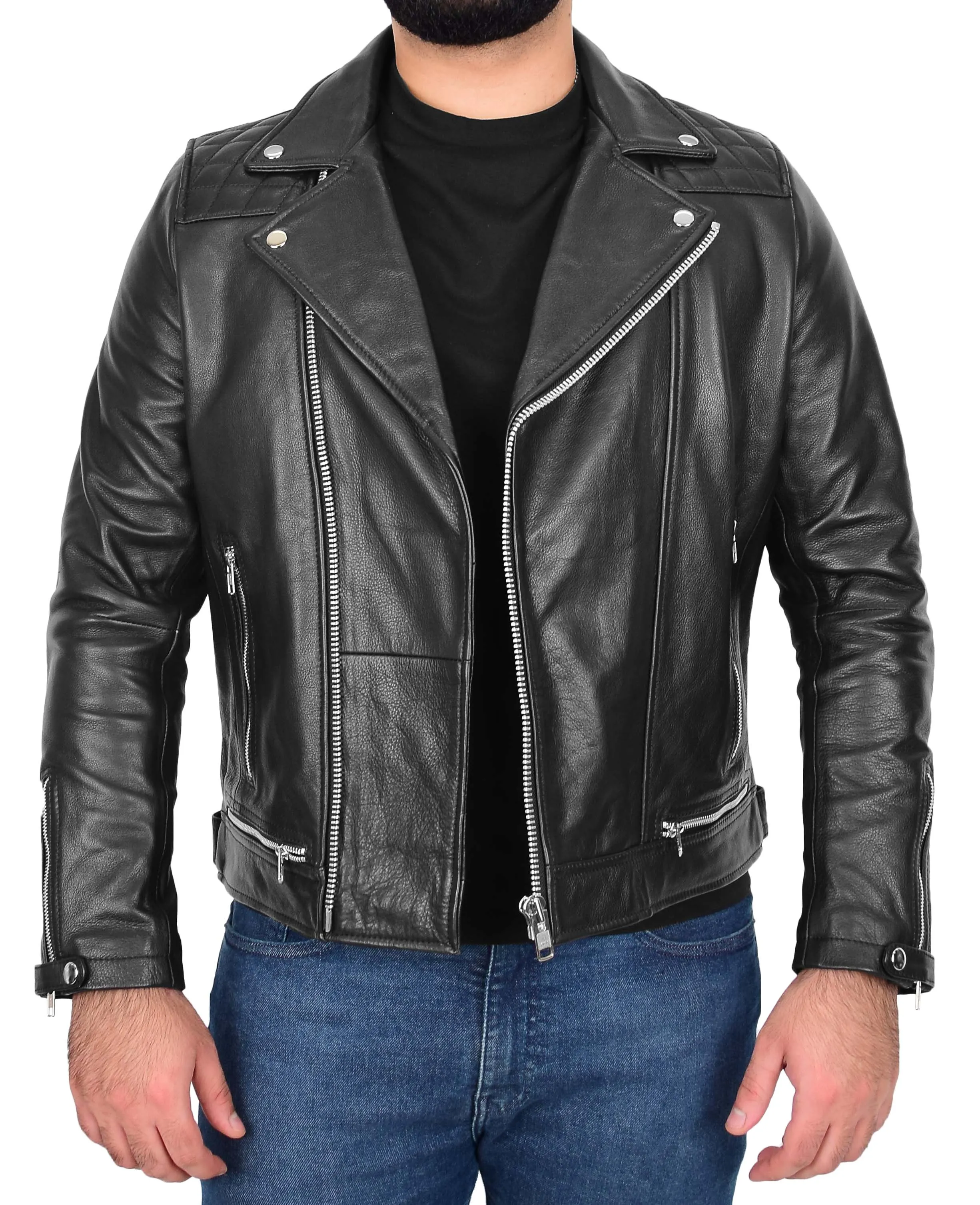 Mens Real Cowhide Leather Biker Jacket Cruz Black