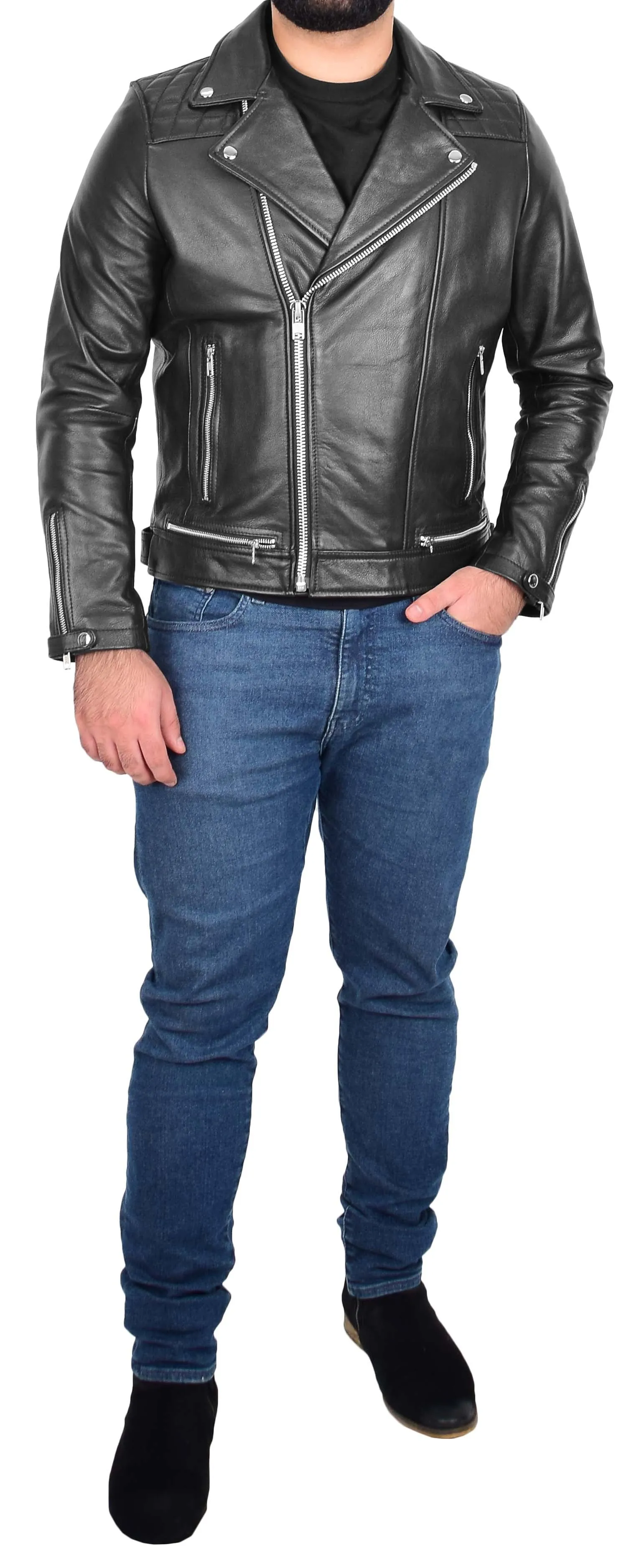 Mens Real Cowhide Leather Biker Jacket Cruz Black