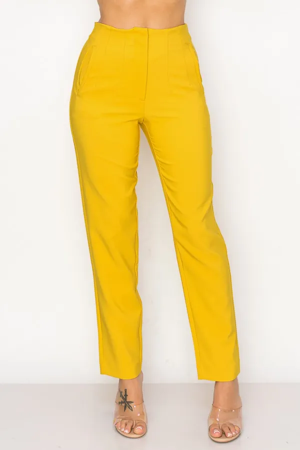 Mustard Solid High Waist Dress Pants