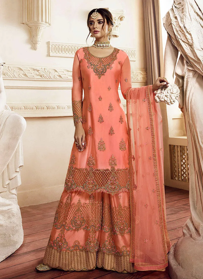 Peach Overall Golden Embroidered Gharara Suit