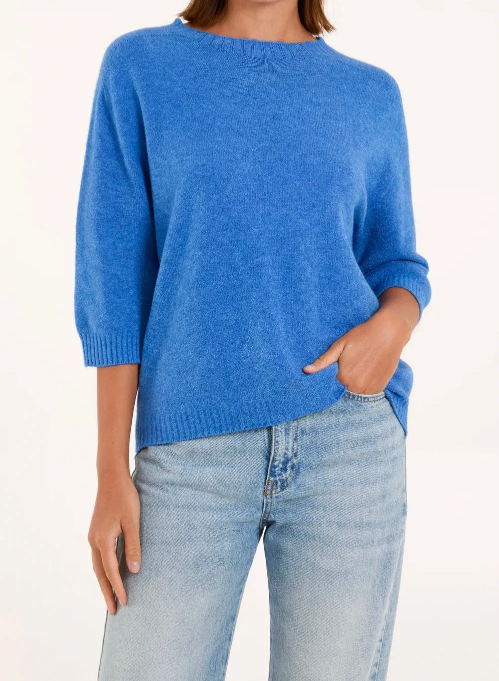 Plain Crew Neck Elbow Length Sleeve Fine Knit Jumper (3 Colours)