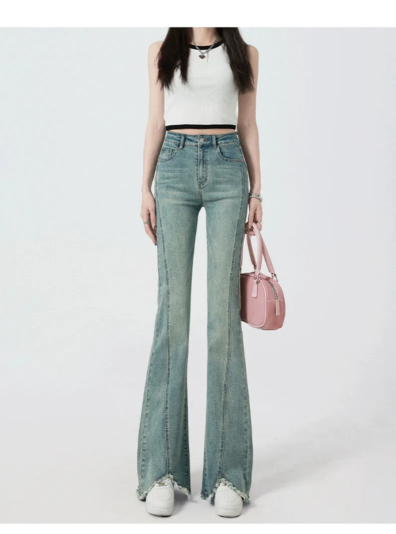 Retro High-Waist Light Blue Slim-Fit Raw Hem Jeans