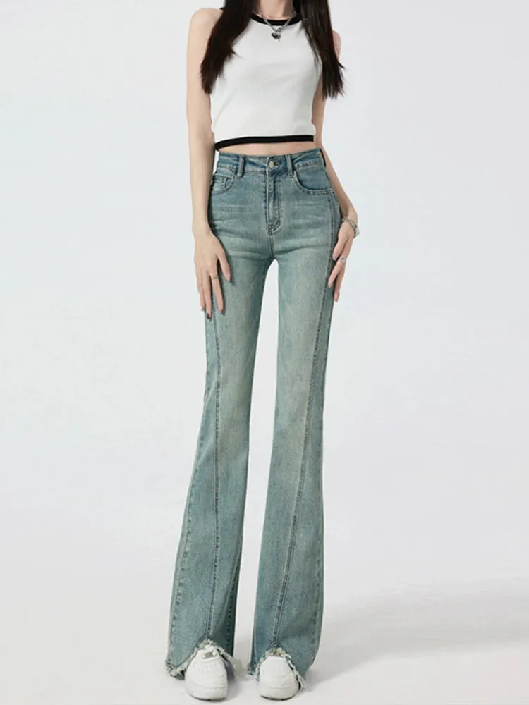 Retro High-Waist Light Blue Slim-Fit Raw Hem Jeans