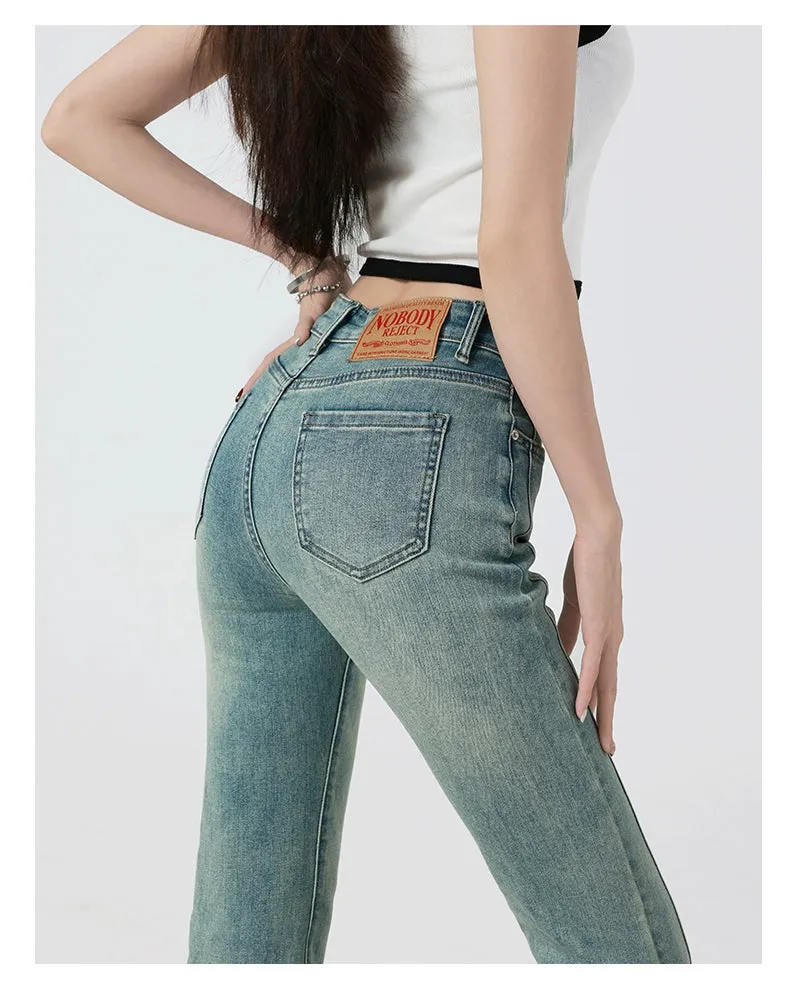 Retro High-Waist Light Blue Slim-Fit Raw Hem Jeans