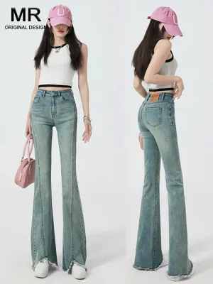 Retro High-Waist Light Blue Slim-Fit Raw Hem Jeans