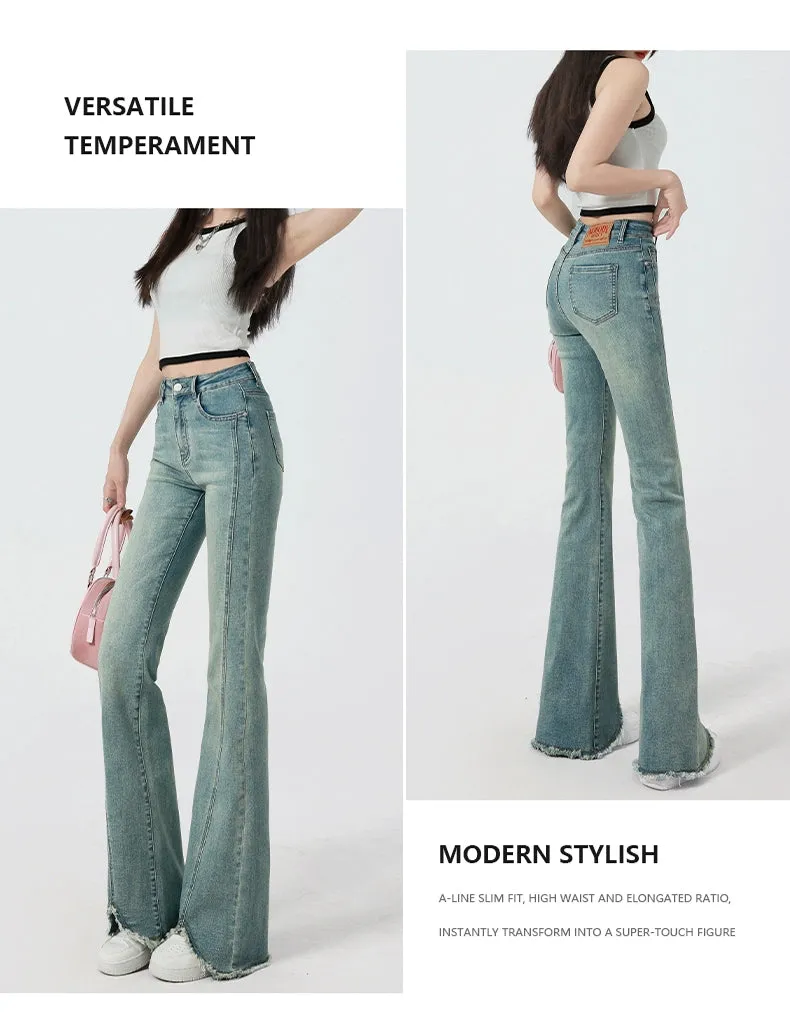 Retro High-Waist Light Blue Slim-Fit Raw Hem Jeans