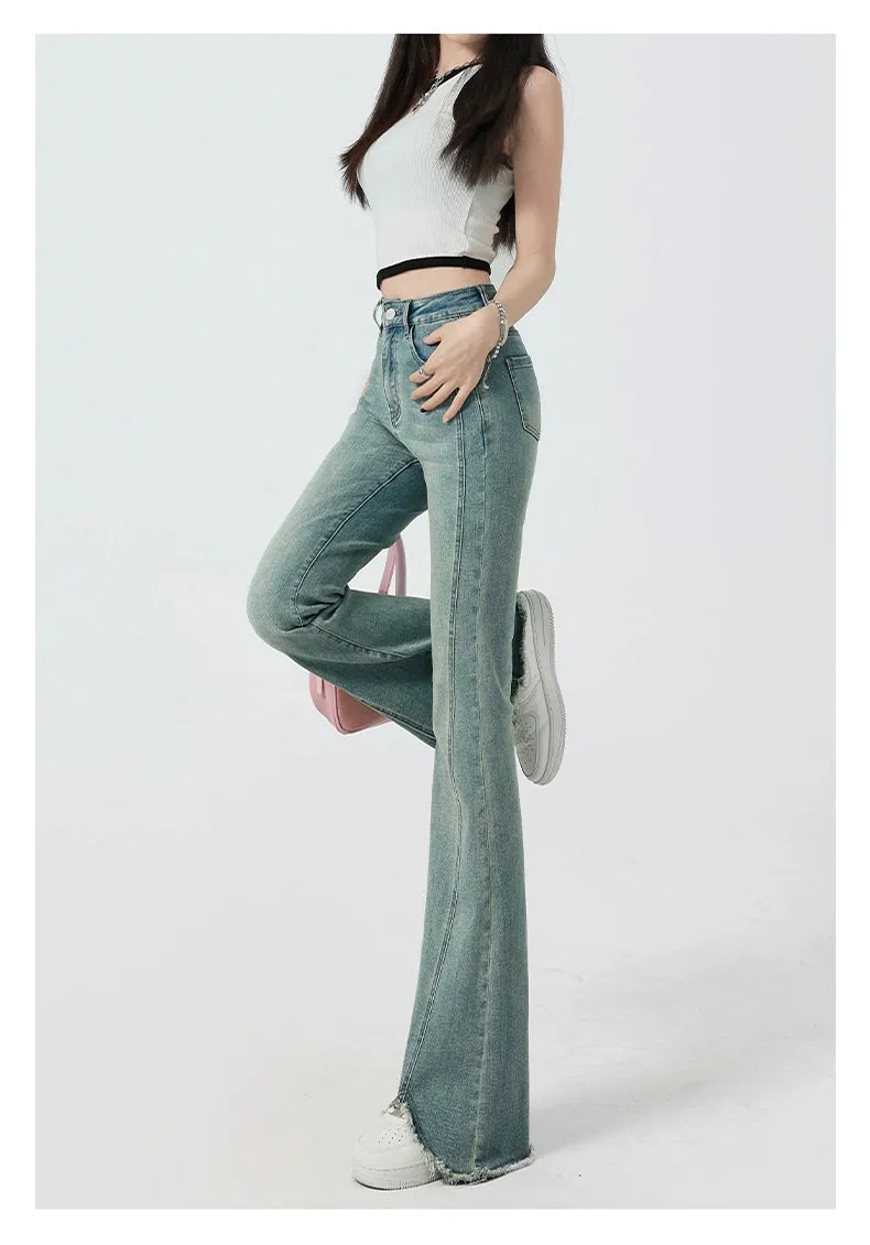 Retro High-Waist Light Blue Slim-Fit Raw Hem Jeans