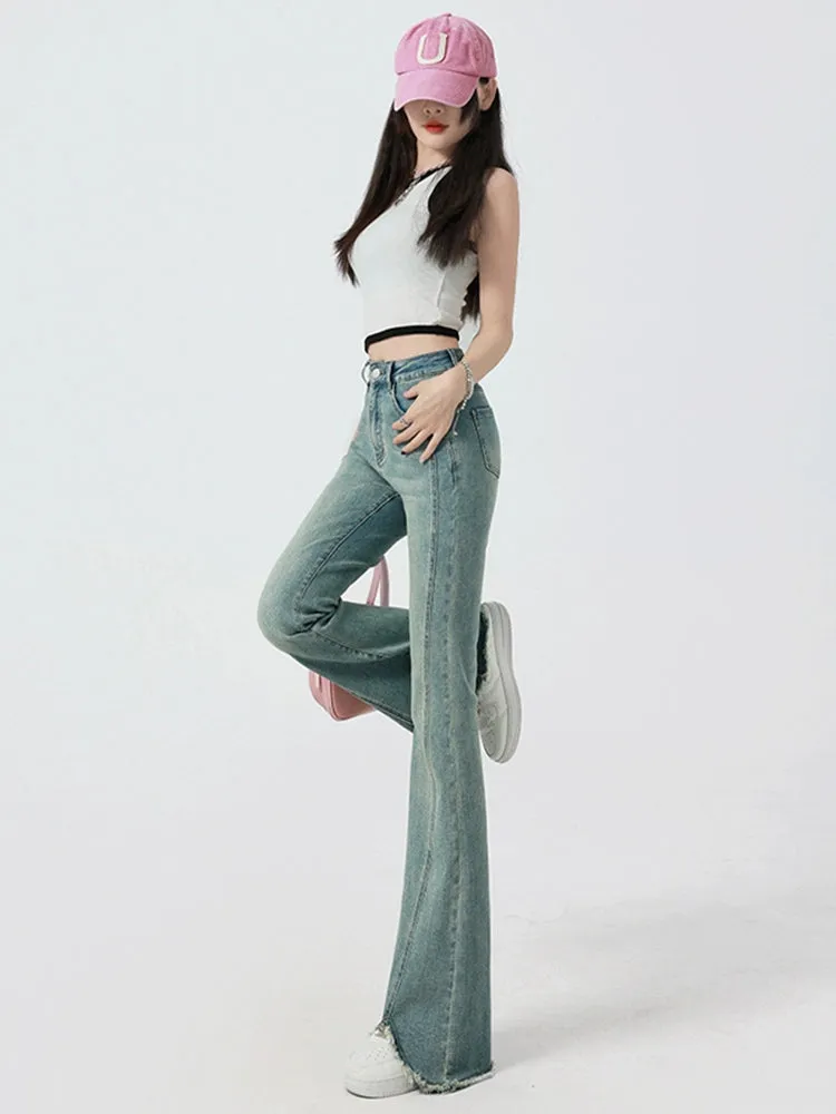 Retro High-Waist Light Blue Slim-Fit Raw Hem Jeans