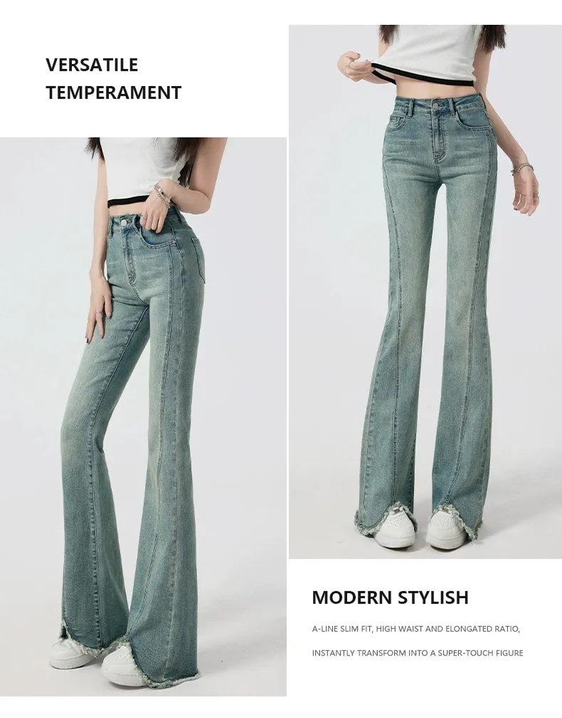 Retro High-Waist Light Blue Slim-Fit Raw Hem Jeans