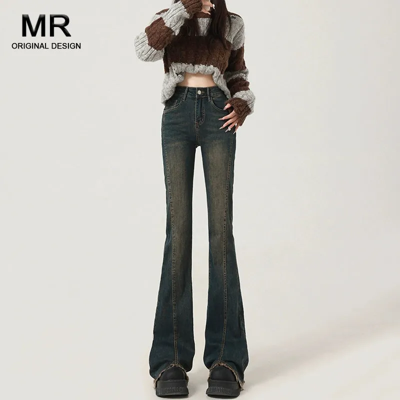 Retro High-Waist Light Blue Slim-Fit Raw Hem Jeans