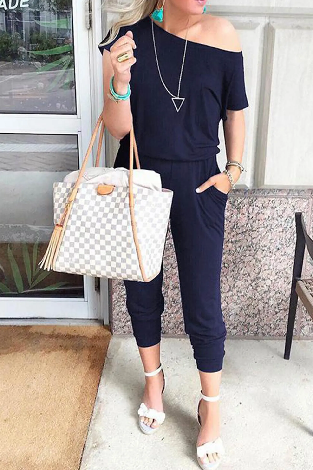 Sloping Shoulders High Waist Jumpsuits